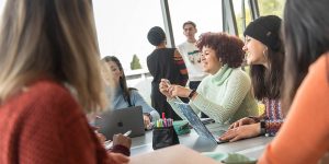 Diverse group of UBC Arts students talking