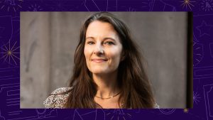 Headshot of Shannon Walsh over a purple celebratory background graphic