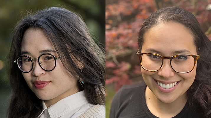 Composite image of MA student Bailey Midori Hoy and PhD candidate Nicole Yakashiro. Bailey (image left), shown in three quarter profile, has long black hair worn loosely swept behind her shoulder. She wears circular black-rimmed glasses, a dangling wire earring, and a white button-down shirt with a beige cardigan. Nicole (image right) wears a black crewneck shirt. Her hair is tied in a ponytail and placed over one shoulder. She wears glasses with turtle shell rims and grins broadly at the camera.