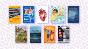 Illustrative image of nine book covers placed on a purple and white background