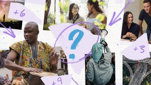 Collage of varying images and illustrated flourishes that relate to Ways of Knowing. This includes images of students having a conversation in nature, faculty members engaging in classroom activities, and the like.