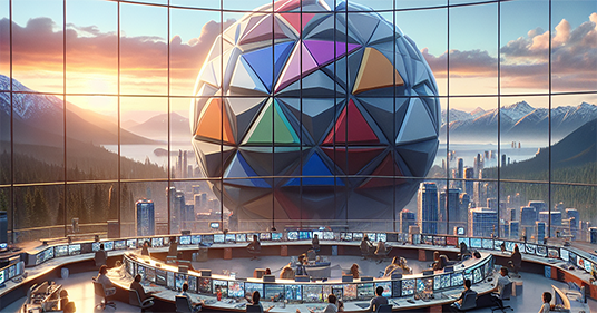 An AI generated image of a newsroom in Vancouver with mountains in the background and a Deathstar with Google branding on the horizon.