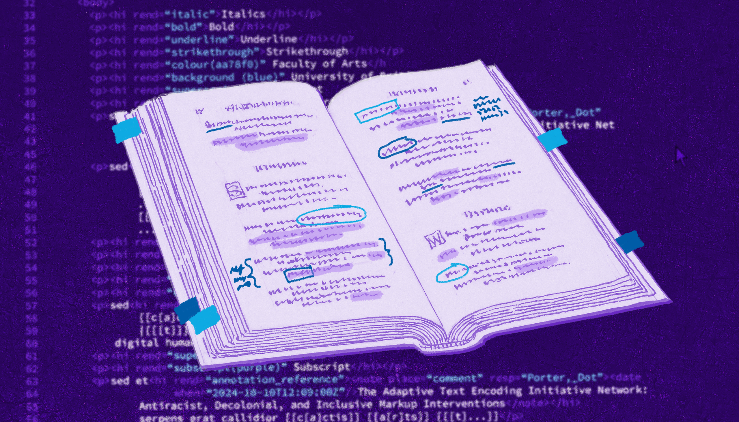 Illustrated open book with various annotations over a TEI-XML code as the background