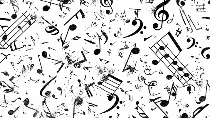 An image that is a texture made out of broken music notes and symbols. The colour palette is black and white.